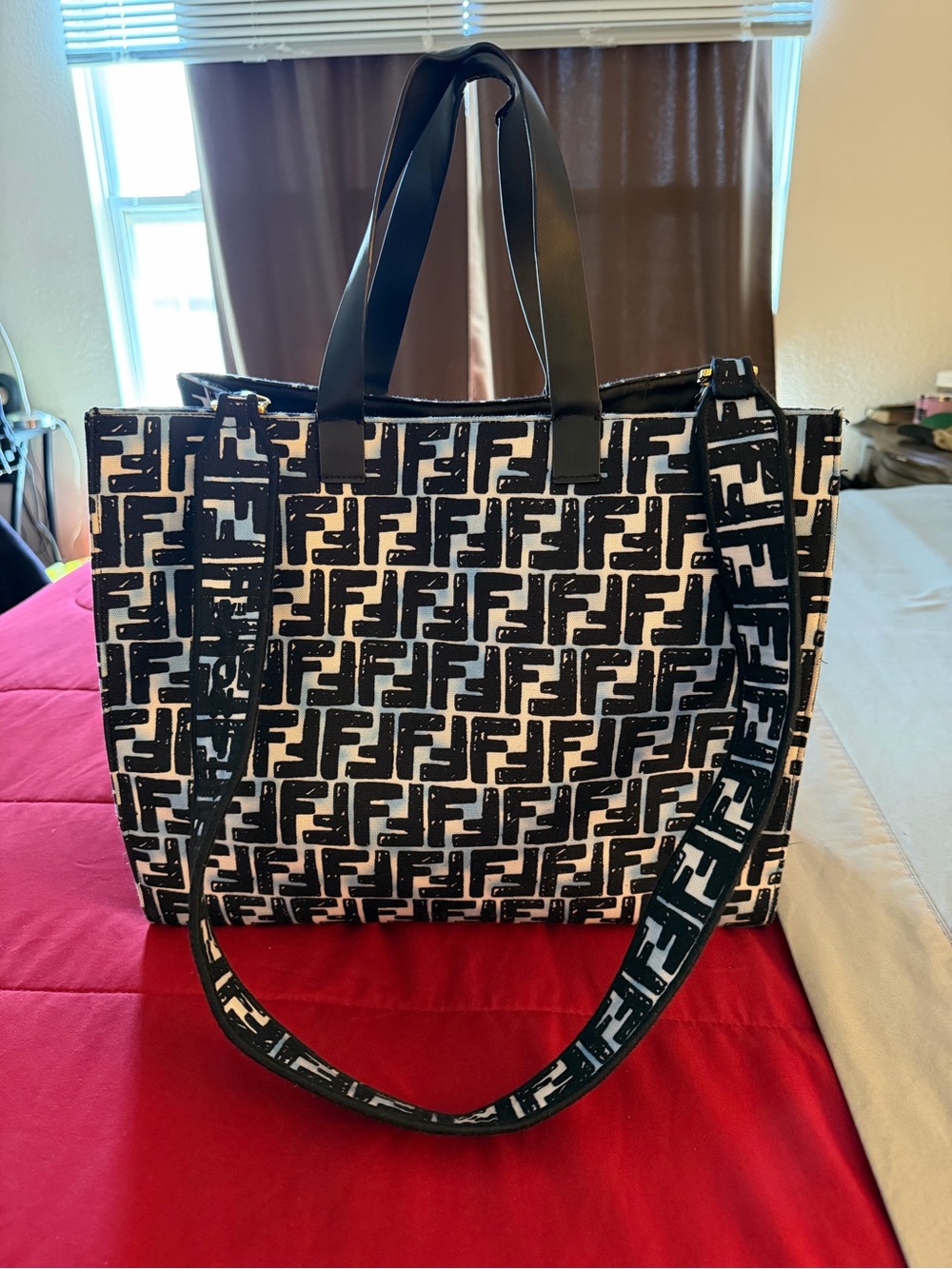 Black & White Logo-Pattern Tote Bag with Long Strap